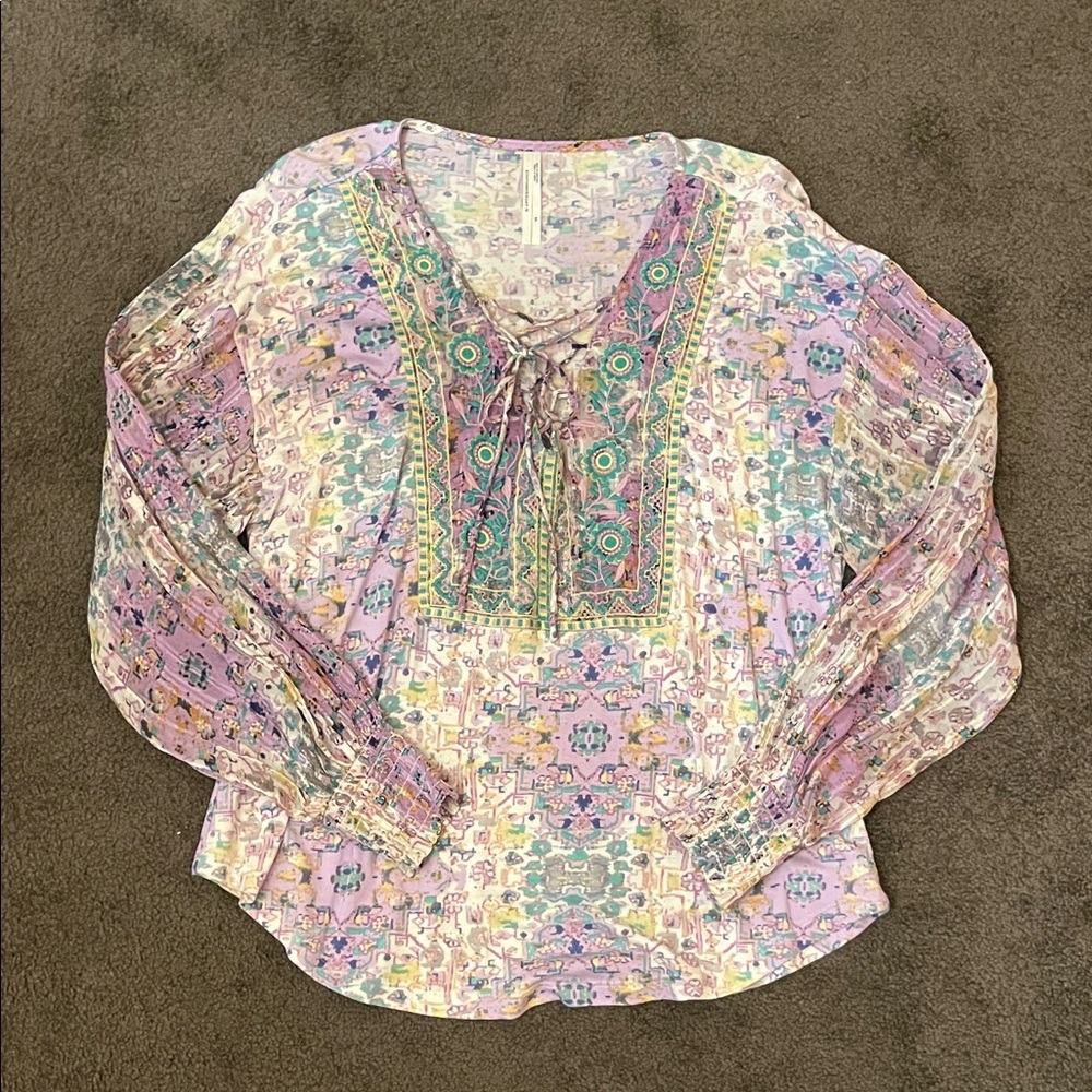 Anthropologie Pastel Floral Blouse - Pink and Green
